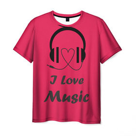 Мужская футболка 3D с принтом Я люблю музыку в Екатеринбурге, 100% полиэфир | прямой крой, круглый вырез горловины, длина до линии бедер | i love music | наушники | розовый | сердце