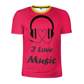 Мужская футболка 3D спортивная с принтом Я люблю музыку в Екатеринбурге, 100% полиэстер с улучшенными характеристиками | приталенный силуэт, круглая горловина, широкие плечи, сужается к линии бедра | i love music | наушники | розовый | сердце