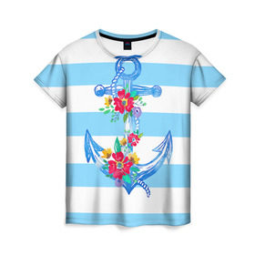 Женская футболка 3D с принтом Якорь в Екатеринбурге, 100% полиэфир ( синтетическое хлопкоподобное полотно) | прямой крой, круглый вырез горловины, длина до линии бедер | белый | верёвка | вода | корабль | красный | море | песок | пляж | синий | цвет | цветы | якорь