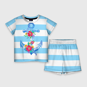 Детский костюм с шортами 3D с принтом Якорь в Екатеринбурге,  |  | белый | верёвка | вода | корабль | красный | море | песок | пляж | синий | цвет | цветы | якорь