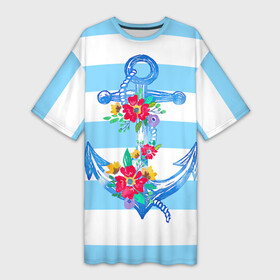 Платье-футболка 3D с принтом Якорь в Екатеринбурге,  |  | белый | верёвка | вода | корабль | красный | море | песок | пляж | синий | цвет | цветы | якорь