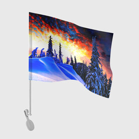 Флаг для автомобиля с принтом Зимний лес в Екатеринбурге, 100% полиэстер | Размер: 30*21 см | вечер | закат | зима | лес | снег