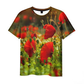 Мужская футболка 3D с принтом Маки в Екатеринбурге, 100% полиэфир | прямой крой, круглый вырез горловины, длина до линии бедер | Тематика изображения на принте: field | flowers | meadow | nature | poppies | poppy | red | summer | wild | красные | лето | луг | мак | маки | поле | полевые | природа | цветы