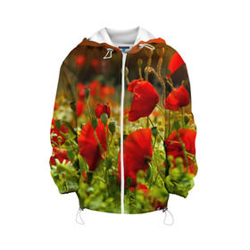 Детская куртка 3D с принтом Маки в Екатеринбурге, 100% полиэстер | застежка — молния, подол и капюшон оформлены резинкой с фиксаторами, по бокам — два кармана без застежек, один потайной карман на груди, плотность верхнего слоя — 90 г/м2; плотность флисового подклада — 260 г/м2 | Тематика изображения на принте: field | flowers | meadow | nature | poppies | poppy | red | summer | wild | красные | лето | луг | мак | маки | поле | полевые | природа | цветы