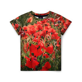Детская футболка 3D с принтом Маки в Екатеринбурге, 100% гипоаллергенный полиэфир | прямой крой, круглый вырез горловины, длина до линии бедер, чуть спущенное плечо, ткань немного тянется | Тематика изображения на принте: field | flowers | meadow | nature | poppies | poppy | red | summer | wild | красные | лето | луг | мак | маки | поле | полевые | природа | цветы