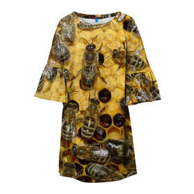 Детское платье 3D с принтом Пчела в Екатеринбурге, 100% полиэстер | прямой силуэт, чуть расширенный к низу. Круглая горловина, на рукавах — воланы | Тематика изображения на принте: лето | мед | насекомые | оса | природа | пчелы | шмель
