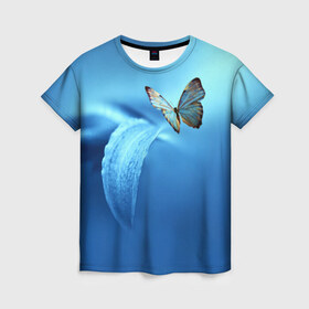 Женская футболка 3D с принтом Бабочка 2 в Екатеринбурге, 100% полиэфир ( синтетическое хлопкоподобное полотно) | прямой крой, круглый вырез горловины, длина до линии бедер | бабочки | прикольные картинки | природа | цветы