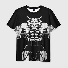 Мужская футболка 3D с принтом Strongman в Екатеринбурге, 100% полиэфир | прямой крой, круглый вырез горловины, длина до линии бедер | Тематика изображения на принте: bodybuilding | gym | house | know | power | бодибилдинг | бык | культуризм | сила | спорт | фитнес
