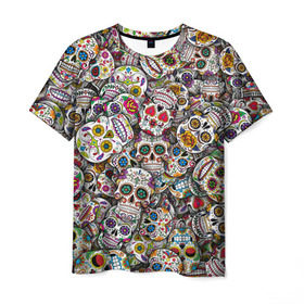 Мужская футболка 3D с принтом Мексиканские черепа в Екатеринбурге, 100% полиэфир | прямой крой, круглый вырез горловины, длина до линии бедер | Тематика изображения на принте: calavera | sugar skull | день мертвых | мексика | традиция | узоры | цветы