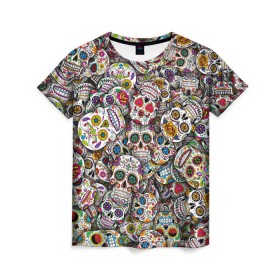 Женская футболка 3D с принтом Мексиканские черепа в Екатеринбурге, 100% полиэфир ( синтетическое хлопкоподобное полотно) | прямой крой, круглый вырез горловины, длина до линии бедер | calavera | sugar skull | день мертвых | мексика | традиция | узоры | цветы