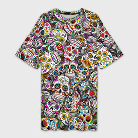 Платье-футболка 3D с принтом Мексиканские черепа в Екатеринбурге,  |  | calavera | sugar skull | день мертвых | мексика | традиция | узоры | цветы