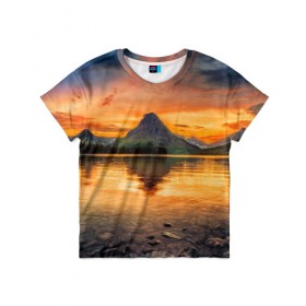 Детская футболка 3D с принтом Гора в Екатеринбурге, 100% гипоаллергенный полиэфир | прямой крой, круглый вырез горловины, длина до линии бедер, чуть спущенное плечо, ткань немного тянется | Тематика изображения на принте: лес | небо | озеро | отражение | пейзаж | природа | солнце