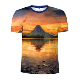 Мужская футболка 3D спортивная с принтом Гора в Екатеринбурге, 100% полиэстер с улучшенными характеристиками | приталенный силуэт, круглая горловина, широкие плечи, сужается к линии бедра | лес | небо | озеро | отражение | пейзаж | природа | солнце