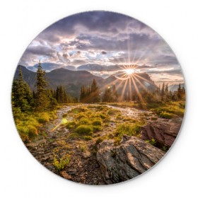 Коврик круглый с принтом Восход в Екатеринбурге, резина и полиэстер | круглая форма, изображение наносится на всю лицевую часть | горы | лес | небо | пейзаж | природа | солнце