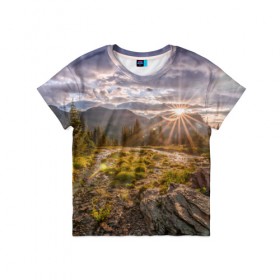 Детская футболка 3D с принтом Восход в Екатеринбурге, 100% гипоаллергенный полиэфир | прямой крой, круглый вырез горловины, длина до линии бедер, чуть спущенное плечо, ткань немного тянется | горы | лес | небо | пейзаж | природа | солнце