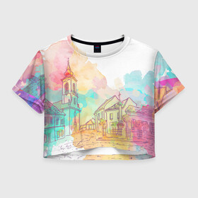 Женская футболка 3D укороченная с принтом акварельный город в Екатеринбурге, 100% полиэстер | круглая горловина, длина футболки до линии талии, рукава с отворотами | sity | акварель | венеция | вода | город | графика | европа | живопись | лето | лодки | мост | принт | свет