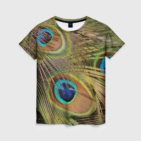 Женская футболка 3D с принтом перо павлина в Екатеринбурге, 100% полиэфир ( синтетическое хлопкоподобное полотно) | прямой крой, круглый вырез горловины, длина до линии бедер | павлин | перо | перышки | птица