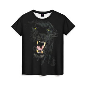 Женская футболка 3D с принтом Чёрная пантера в Екатеринбурге, 100% полиэфир ( синтетическое хлопкоподобное полотно) | прямой крой, круглый вырез горловины, длина до линии бедер | кошка | оскал | пантера | прикольные картинки