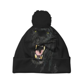 Шапка 3D c помпоном с принтом Чёрная пантера в Екатеринбурге, 100% полиэстер | универсальный размер, печать по всей поверхности изделия | кошка | оскал | пантера | прикольные картинки