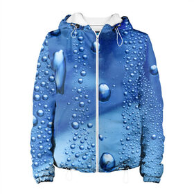 Женская куртка 3D с принтом Капли воды на стекле в Екатеринбурге, ткань верха — 100% полиэстер, подклад — флис | прямой крой, подол и капюшон оформлены резинкой с фиксаторами, два кармана без застежек по бокам, один большой потайной карман на груди. Карман на груди застегивается на липучку | вода | капли | крупные | мелкие | синий | стекло