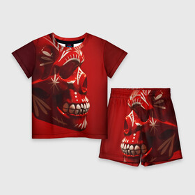 Детский костюм с шортами 3D с принтом Красный череп в Екатеринбурге,  |  | red | дьявол | красный | монстр | прикольные картинки | череп