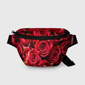Поясная сумка 3D с принтом Розы в Екатеринбурге, 100% полиэстер | плотная ткань, ремень с регулируемой длиной, внутри несколько карманов для мелочей, основное отделение и карман с обратной стороны сумки застегиваются на молнию | красный | лепестки | прикольные картинки | розы | цветочки | цветы