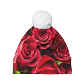 Шапка 3D c помпоном с принтом Розы в Екатеринбурге, 100% полиэстер | универсальный размер, печать по всей поверхности изделия | красный | лепестки | прикольные картинки | розы | цветочки | цветы