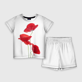 Детский костюм с шортами 3D с принтом Маки в Екатеринбурге,  |  | field | flowers | poppies | poppy | red | wild | красные | мак | маки | поле | полевые | цветы
