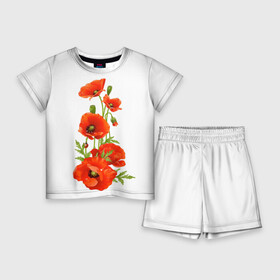 Детский костюм с шортами 3D с принтом Маки в Екатеринбурге,  |  | field | flowers | poppies | poppy | red | wild | красные | мак | маки | поле | полевые | цветы