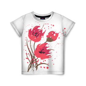 Детская футболка 3D с принтом Маки в Екатеринбурге, 100% гипоаллергенный полиэфир | прямой крой, круглый вырез горловины, длина до линии бедер, чуть спущенное плечо, ткань немного тянется | Тематика изображения на принте: art | drawing | flowers | poppies | poppy | red | wild | wind | арт | ветер | красные | мак | маки | полевые | рисунок | цветы