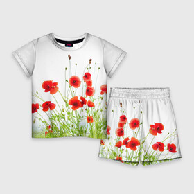 Детский костюм с шортами 3D с принтом Маки в Екатеринбурге,  |  | field | flowers | meadow | nature | poppies | poppy | red | summer | wild | красные | лето | луг | мак | маки | поле | полевые | природа | цветы