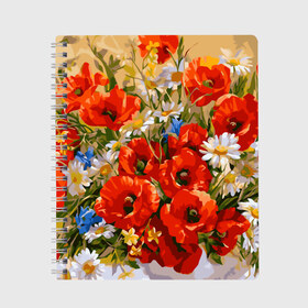 Тетрадь с принтом Маки в Екатеринбурге, 100% бумага | 48 листов, плотность листов — 60 г/м2, плотность картонной обложки — 250 г/м2. Листы скреплены сбоку удобной пружинной спиралью. Уголки страниц и обложки скругленные. Цвет линий — светло-серый
 | art | daisy | drawing | field | flowers | poppies | poppy | red | white | арт | белые | красные | мак | маки | полевые | рисунок | ромашки | цветы