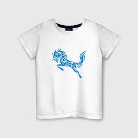Детская футболка хлопок с принтом Blue unicorn в Екатеринбурге, 100% хлопок | круглый вырез горловины, полуприлегающий силуэт, длина до линии бедер | вектор | грива | единорог | животное | конь | прыгающий | рог | синий | скачущий | существо | тату