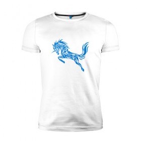 Мужская футболка премиум с принтом Blue unicorn в Екатеринбурге, 92% хлопок, 8% лайкра | приталенный силуэт, круглый вырез ворота, длина до линии бедра, короткий рукав | вектор | грива | единорог | животное | конь | прыгающий | рог | синий | скачущий | существо | тату
