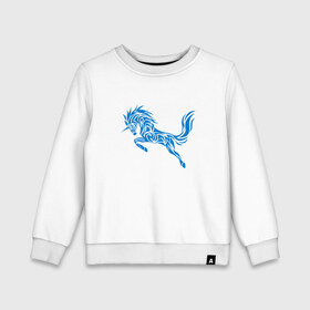 Детский свитшот хлопок с принтом Blue unicorn в Екатеринбурге, 100% хлопок | круглый вырез горловины, эластичные манжеты, пояс и воротник | Тематика изображения на принте: вектор | грива | единорог | животное | конь | прыгающий | рог | синий | скачущий | существо | тату