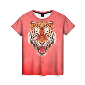 Женская футболка 3D с принтом Полигональный Тигр в Екатеринбурге, 100% полиэфир ( синтетическое хлопкоподобное полотно) | прямой крой, круглый вырез горловины, длина до линии бедер | красный | полигоны | тигр