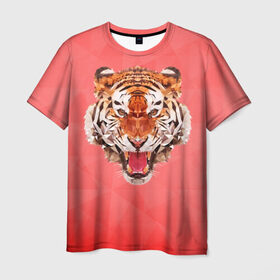 Мужская футболка 3D с принтом Полигональный Тигр в Екатеринбурге, 100% полиэфир | прямой крой, круглый вырез горловины, длина до линии бедер | Тематика изображения на принте: красный | полигоны | тигр