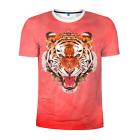 Мужская футболка 3D спортивная с принтом Полигональный Тигр в Екатеринбурге, 100% полиэстер с улучшенными характеристиками | приталенный силуэт, круглая горловина, широкие плечи, сужается к линии бедра | Тематика изображения на принте: красный | полигоны | тигр