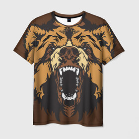Мужская футболка 3D с принтом Медведь в Екатеринбурге, 100% полиэфир | прямой крой, круглый вырез горловины, длина до линии бедер | animal | bear | beast | brown | face | fangs | head | taiga | teeth | wild | бурый | голова | дикий | животное | зверь | клыки | медведь | оскал | тайга