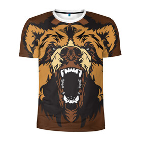 Мужская футболка 3D спортивная с принтом Медведь в Екатеринбурге, 100% полиэстер с улучшенными характеристиками | приталенный силуэт, круглая горловина, широкие плечи, сужается к линии бедра | Тематика изображения на принте: animal | bear | beast | brown | face | fangs | head | taiga | teeth | wild | бурый | голова | дикий | животное | зверь | клыки | медведь | оскал | тайга