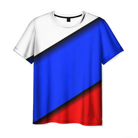 Мужская футболка 3D с принтом Российский флаг в Екатеринбурге, 100% полиэфир | прямой крой, круглый вырез горловины, длина до линии бедер | косой | наклонный | триколор
