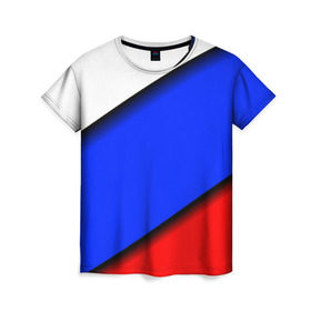 Женская футболка 3D с принтом Российский флаг в Екатеринбурге, 100% полиэфир ( синтетическое хлопкоподобное полотно) | прямой крой, круглый вырез горловины, длина до линии бедер | косой | наклонный | триколор