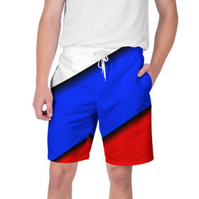 Мужские шорты 3D с принтом Российский флаг в Екатеринбурге,  полиэстер 100% | прямой крой, два кармана без застежек по бокам. Мягкая трикотажная резинка на поясе, внутри которой широкие завязки. Длина чуть выше колен | косой | наклонный | триколор