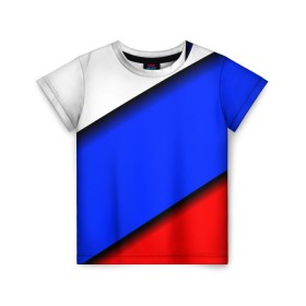 Детская футболка 3D с принтом Российский флаг в Екатеринбурге, 100% гипоаллергенный полиэфир | прямой крой, круглый вырез горловины, длина до линии бедер, чуть спущенное плечо, ткань немного тянется | косой | наклонный | триколор
