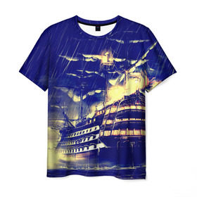 Мужская футболка 3D с принтом Корабль в Екатеринбурге, 100% полиэфир | прямой крой, круглый вырез горловины, длина до линии бедер | Тематика изображения на принте: дождь | парусник | судно | фрегат