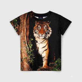 Детская футболка 3D с принтом Тигр в Екатеринбурге, 100% гипоаллергенный полиэфир | прямой крой, круглый вырез горловины, длина до линии бедер, чуть спущенное плечо, ткань немного тянется | дикая кошка | лес | природа | тигр | хищник