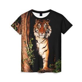 Женская футболка 3D с принтом Тигр в Екатеринбурге, 100% полиэфир ( синтетическое хлопкоподобное полотно) | прямой крой, круглый вырез горловины, длина до линии бедер | Тематика изображения на принте: дикая кошка | лес | природа | тигр | хищник