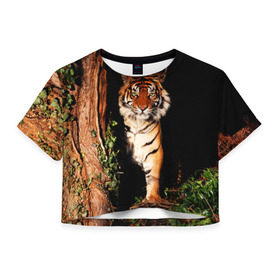 Женская футболка 3D укороченная с принтом Тигр в Екатеринбурге, 100% полиэстер | круглая горловина, длина футболки до линии талии, рукава с отворотами | Тематика изображения на принте: дикая кошка | лес | природа | тигр | хищник