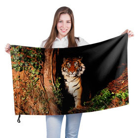Флаг 3D с принтом Тигр в Екатеринбурге, 100% полиэстер | плотность ткани — 95 г/м2, размер — 67 х 109 см. Принт наносится с одной стороны | Тематика изображения на принте: дикая кошка | лес | природа | тигр | хищник