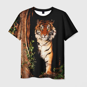 Мужская футболка 3D с принтом Тигр в Екатеринбурге, 100% полиэфир | прямой крой, круглый вырез горловины, длина до линии бедер | дикая кошка | лес | природа | тигр | хищник